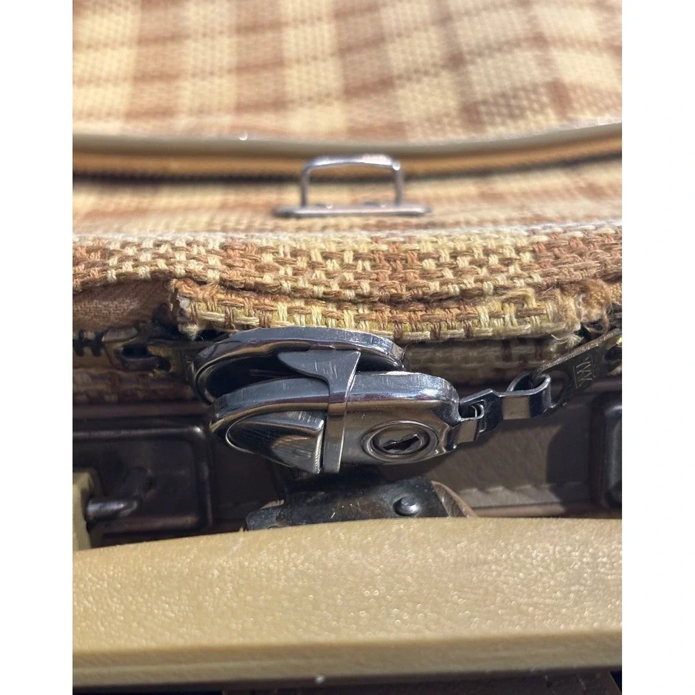 Vintage Plaid Suitcase Tan Yellow Woven Carry On Luggage Made Japan Mid Century